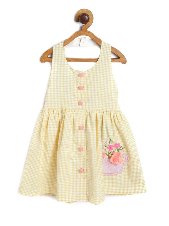 Nautinati Girls' 100% Cotton Gingham Chequered Fit & Flare Dress with Watering Can Embroidery & Floral Applique